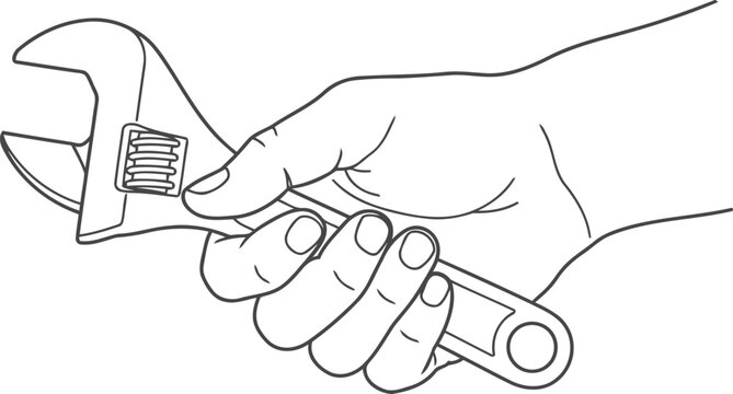 Hand holding adjustable wrench line drawing illustration on white background high-quality professional detailed modern elegant