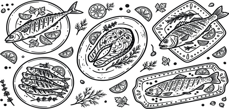 Hand drawn seafood dishes vector illustration featuring fish plates with lemon slices herbs and garnishes in detailed sketch style for restaurant menus, packaging, and culinary design