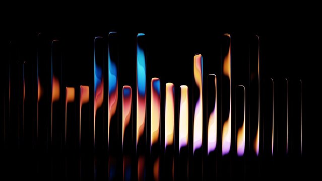 Vertical glossy glass lines with blue neon glow on dark background. Abstract background.