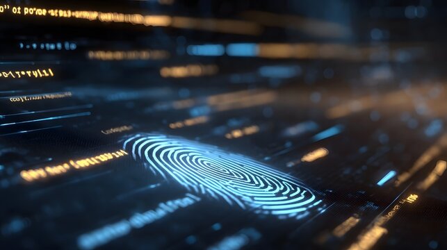 Glowing biometric fingerprint scan displayed on a complex digital data interface symbolizing advanced security and analysis in a technological