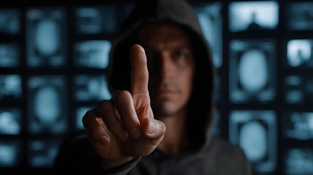 A mysterious figure in a hoodie points toward a wall of surveillance screens suggesting deep investigation and hidden data