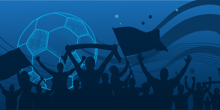 Football or soccer fans crowd cheering on stadium - banner, poster, card - vector illustration