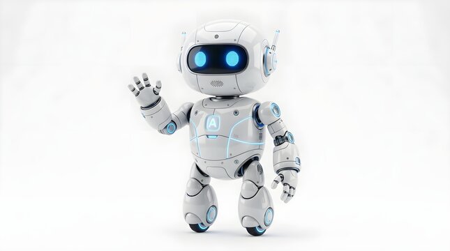 Cute, friendly robot waving hello against a clean white background