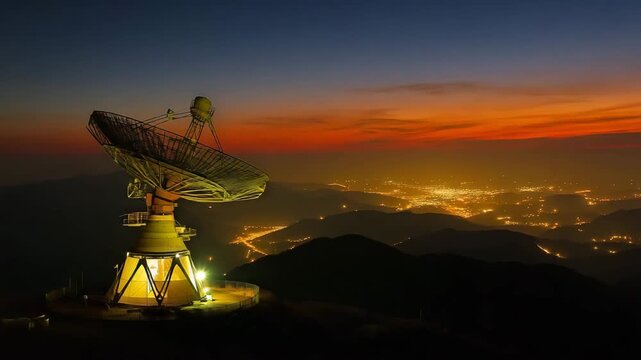 Satellite dish on mountain hill at sunset, radio astronomy and communication technology, signal transmission, space research, remote observatory, telecommunications and cosmic expl