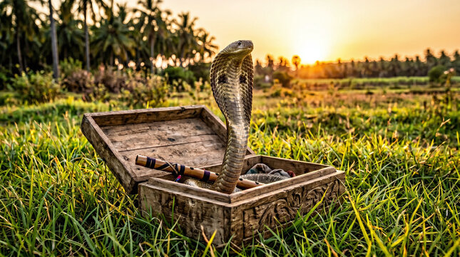 King cobra rising from a rustic wooden box in a green field at sunset, traditional snake charmer concept.
