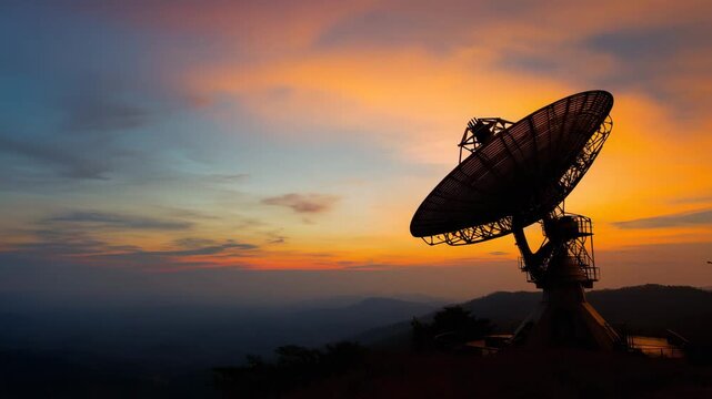 Satellite dish on mountain hill at sunset, radio astronomy and communication technology, signal transmission, space research, remote observatory, telecommunications and cosmic expl