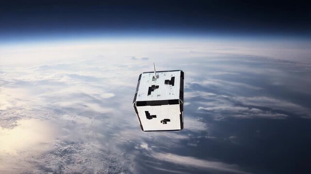 Cube satellite orbiting above Earth, small spacecraft technology, nanosatellite mission, remote sensing, aerospace engineering, data transmission and modern space innovation concept