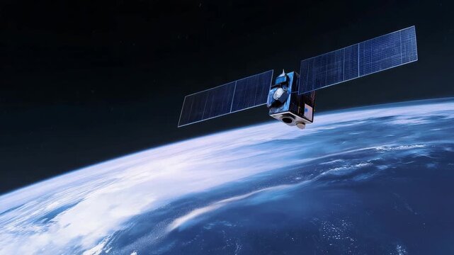 Cube satellite orbiting above Earth with solar panels, realistic space technology scene, small spacecraft, remote sensing, global communication and cinematic blue planet background