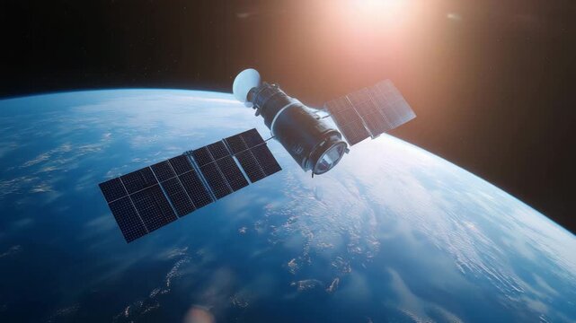 Satellite orbiting above Earth at sunrise, global communication technology, space station module, GPS navigation, aerospace engineering, data transmission and worldwide connectivit