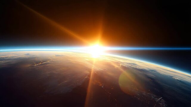 Sunrise over Earth horizon from space, glowing atmosphere and orbital view, cosmic dawn, planet Earth, space background, aerospace science, global future and universe exploration