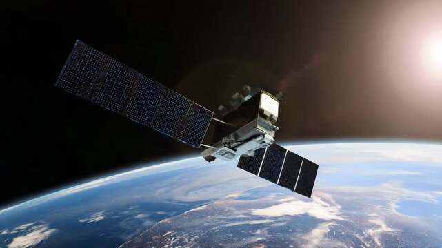 Satellite orbiting above Earth with solar panels, global communication technology, remote sensing, GPS navigation, aerospace engineering, data transmission and worldwide