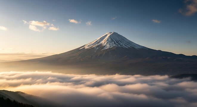 Snow capped mountain above clouds
