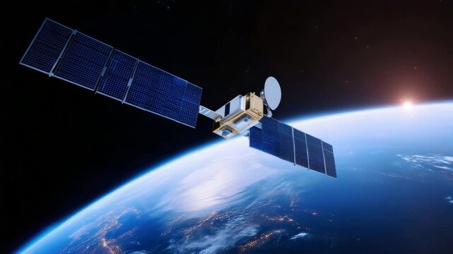 Satellite orbiting above Earth with solar panels, global communication technology, remote sensing, GPS navigation, aerospace engineering, data transmission and worldwide
