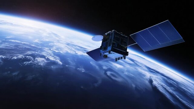 Satellite orbiting above Earth with solar panels, global communication technology, remote sensing, GPS navigation, aerospace engineering, data transmission and worldwide
