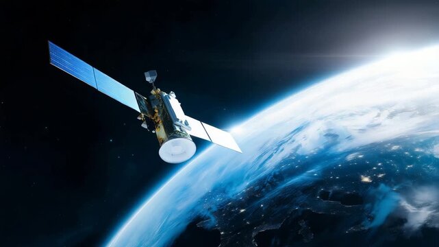 Satellite orbiting above Earth with solar panels, global communication technology, GPS navigation, remote sensing, data transmission, aerospace engineering and worldwide
