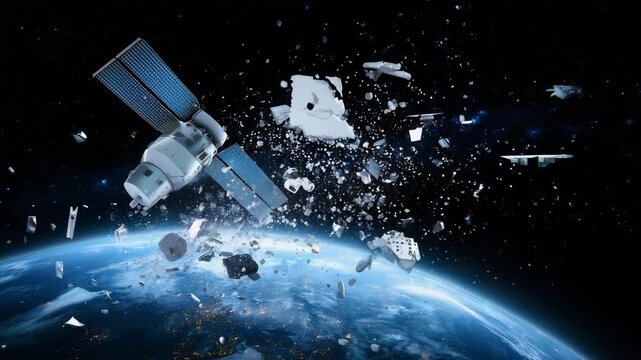 Satellite and space debris orbiting above Earth, orbital pollution concept, damaged spacecraft fragments, aerospace danger, space junk, collision risk, space mission safety 