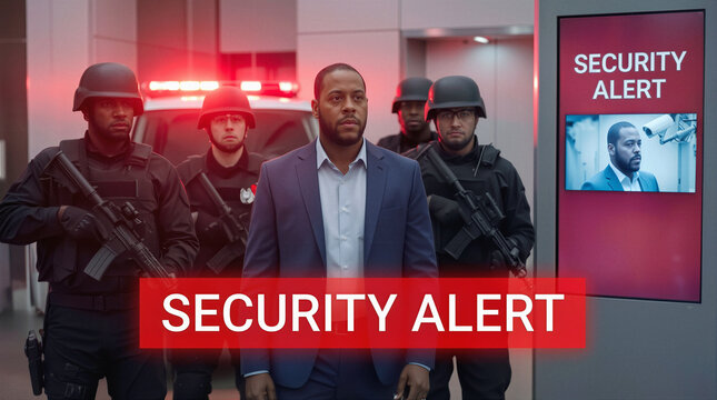 Security team escorting businessman during emergency alert. Armed tactical officers protecting corporate executive in high-security facility.