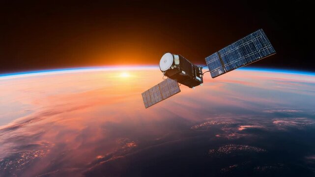 Satellite orbiting above Earth with solar panels in deep space, global communication technology, GPS navigation, remote sensing, data transmission, aerospace engineering and worldw