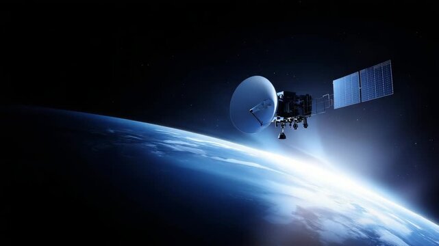 Satellite orbiting above Earth with solar panels, global communication technology, GPS navigation, remote sensing, data transmission, aerospace engineering and worldwide
