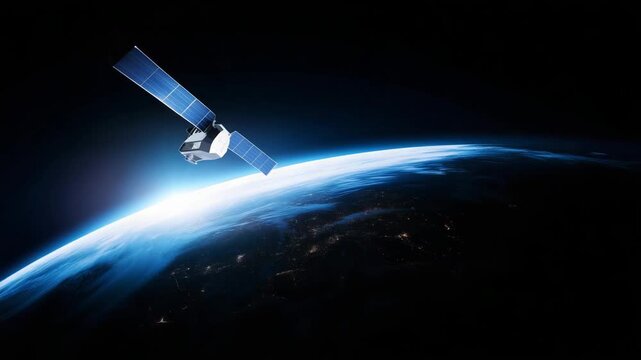 Satellite orbiting above Earth with solar panels in deep space, global communication technology, GPS navigation, remote sensing, data transmission, aerospace engineering and worldw