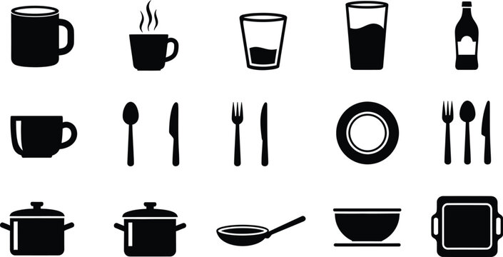 Set of black kitchenware and tableware icons including cups plates and cooking utensils