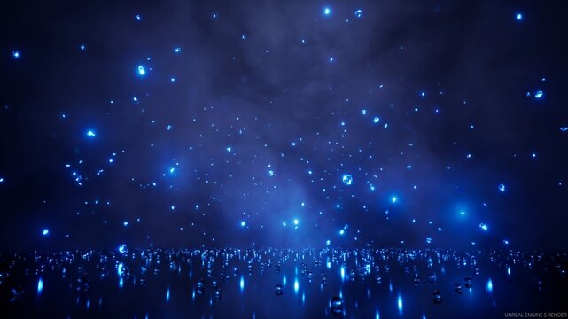 Luminous blue crystal gems and droplets suspended in a dark misty void with reflective ground plane and 3D digital render style.