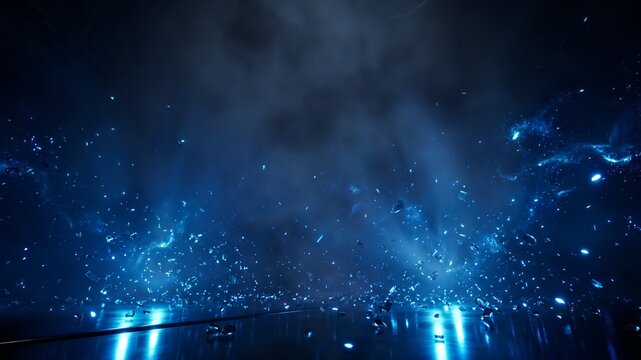 Wide angle cinematic shot of blue shattered glass fragments exploding across a dark floor with volumetric lighting and high contrast.
