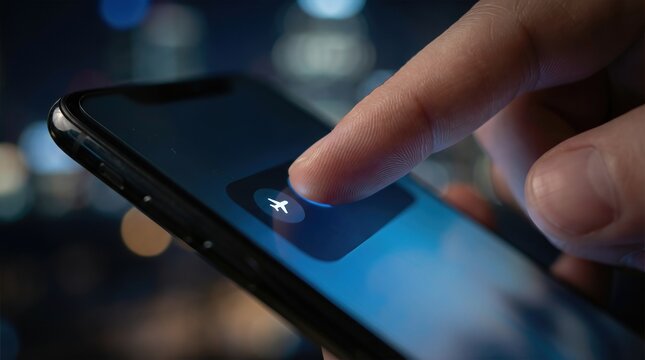 Close-up of a hand pressing airplane mode icon on smartphone screen, illuminated by city lights, symbolizing digital detox and the unplugged lifestyle