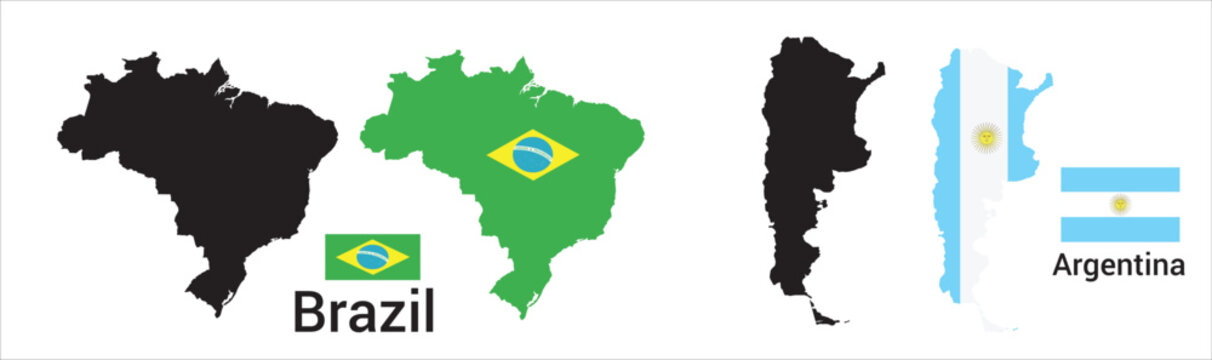 Brazil and Argentina map illustration with national flag colors and outline styles. Clean geographic layout isolated on light background for education, travel, and infographic projects. Detailed count