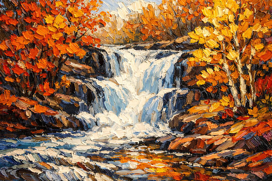 Autumn waterfall impasto oil painting