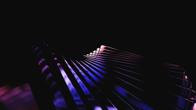 Iridescent glossy plates with chromatic dispersion slowly moving against a black background in seamless loop.