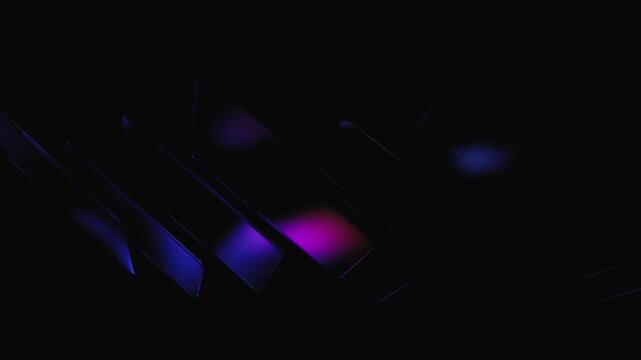 Thin film glass plates with chromatic dispersion moving on black background in seamless loop.