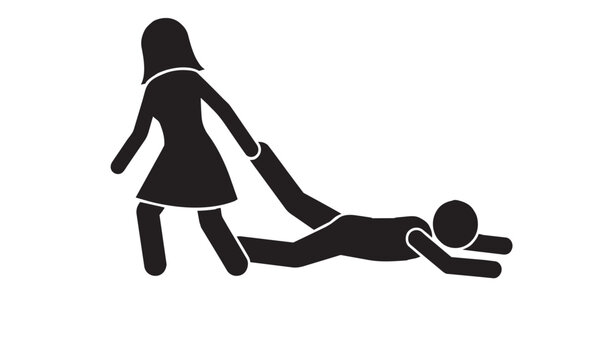 A stick figure style vector illustration of a woman dragging a reluctant man by his leg, representing relationship dynamics or control.