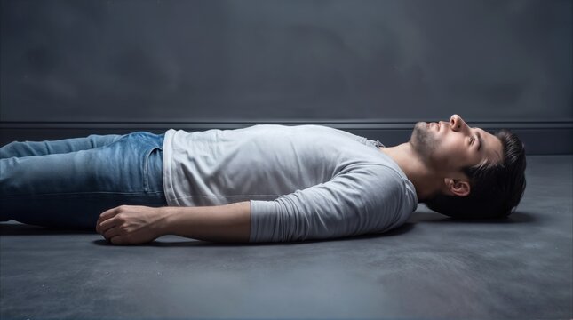 Adult male lying flat on his back on floor in dark minimalist room. Side view of person resting or unconscious in empty interior.