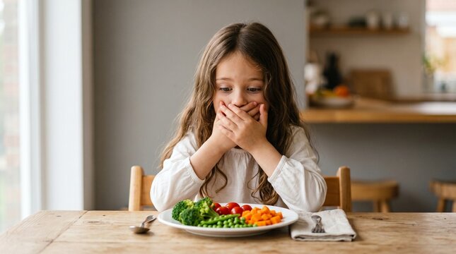 Uma fotografia de estilo lifestyle, fotorrealista e de alta resolu&ccedil;&atilde;o (8K), capturando uma menina pequena com longos cabelos castanhos sentada &agrave; mesa, cobrindo a boca com as duas m&atilde;os em um gesto de r