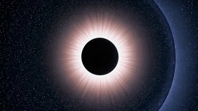 Solar eclipse showing complete sun alignment. Totality phase with bright solar corona. Celestial occurrence in outer space. Astronomy event in the starry night.