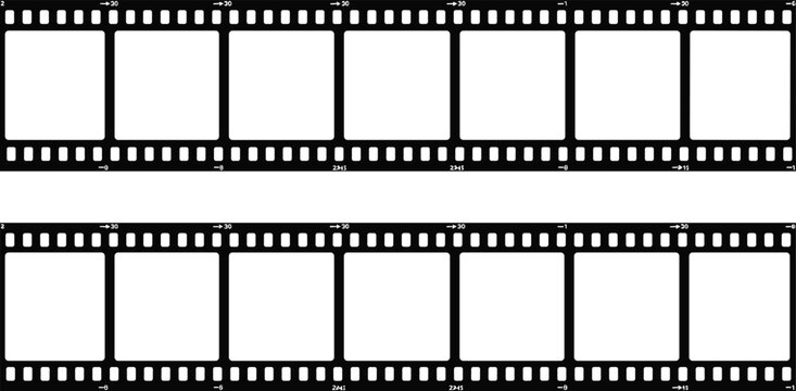 Blank film strip frame vector set with retro cinema negative reel border template isolated on transparent background
