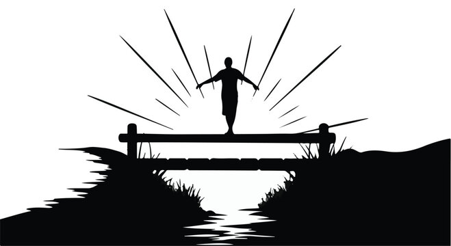 silhouette of person jumping on bridge over water at sunrise