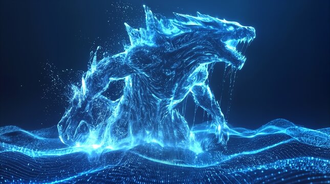 Monstrous beast formed from blue light particles rising from a digital wave. Fantasy creature roaring in a dark virtual space.