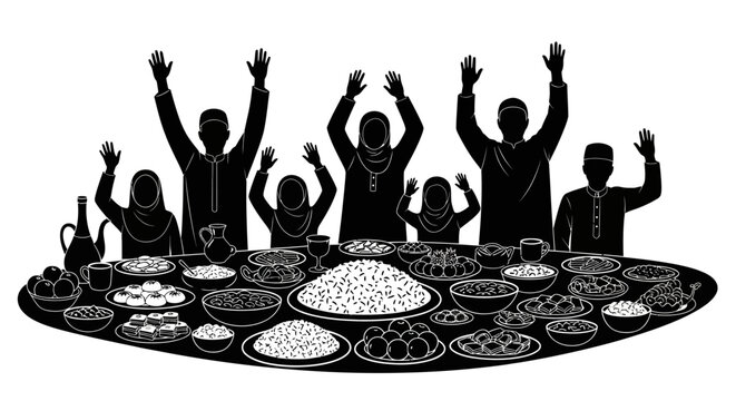 Eid,Black silhouette people celebrating, diverse group raising hands, food festival, cultural event, vector illustration isolated on White Background vector eps silhouette