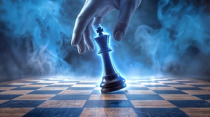Naklejka premium Player lifting glowing chess king from wooden board. Strategic move in competitive game with blue smoke background.