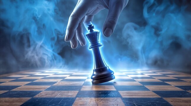 Player lifting glowing chess king from wooden board. Strategic move in competitive game with blue smoke background.