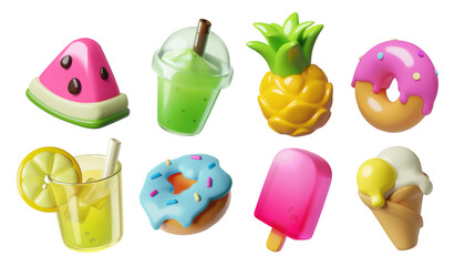 Obraz premium Summer food 3d icons collection with cold drinks, fruits, ice and sweet desserts. Cute colorful realistic vector illustrations collection.