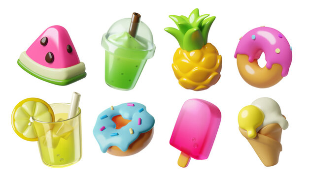 Summer food 3d icons collection with cold drinks, fruits, ice and sweet desserts. Cute colorful realistic vector illustrations collection.