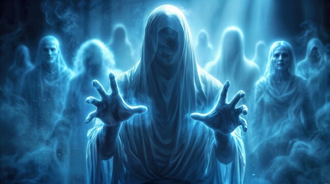 Ethereal phantoms gathering in misty blue environment. Central hooded spirit performing ritual with outstretched hands emitting light. Supernatural concept of lost souls in afterlife.