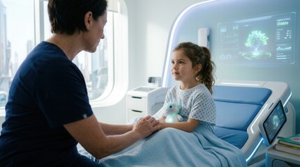 Obraz premium A Doctor Comforting a Little Girl in a Futuristic Hospital Room is a Very Touching Scene