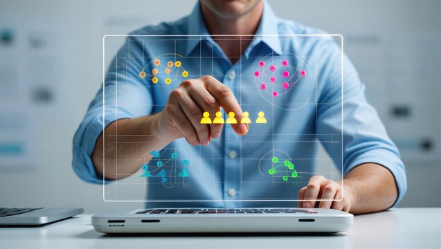 Business professional analyzing data clustering visualization on digital interface, customer segmentation groups connected to user icons, big data analytics, marketing strategy and audience targeting