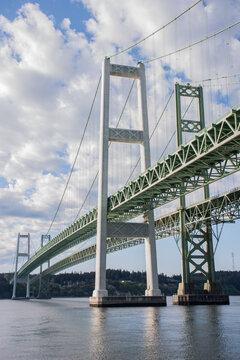 Tacoma Narrows Bridge close-up portrait on spring afternoon