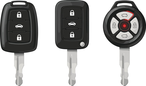 Car key remote collection vector set with modern vehicle lock unlock and trunk control fobs