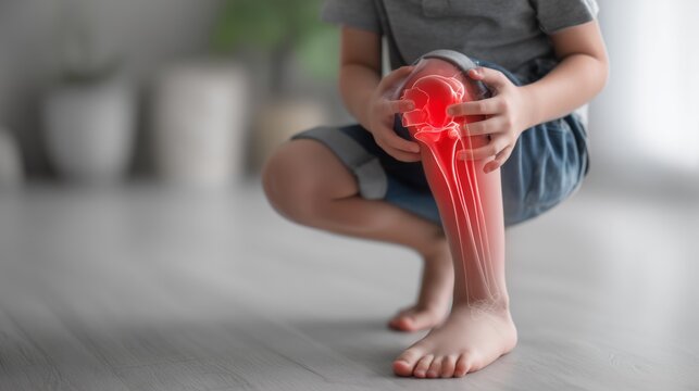 Boy feels pain in knee while playing at home with red x-ray graphic showing joint injury from fall or growing pains